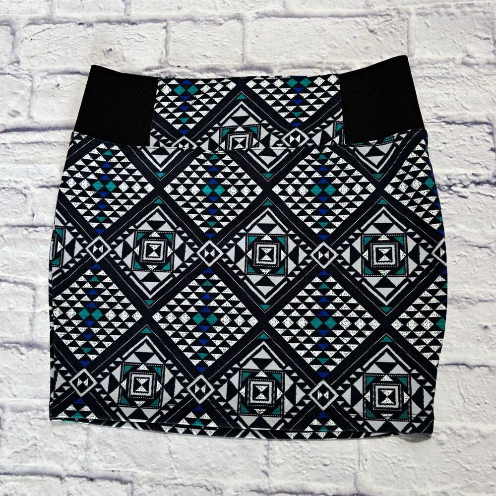 Charlotte Russe Geometric Aztec Mini Skirt Black White Blue Green Stretch L Zip